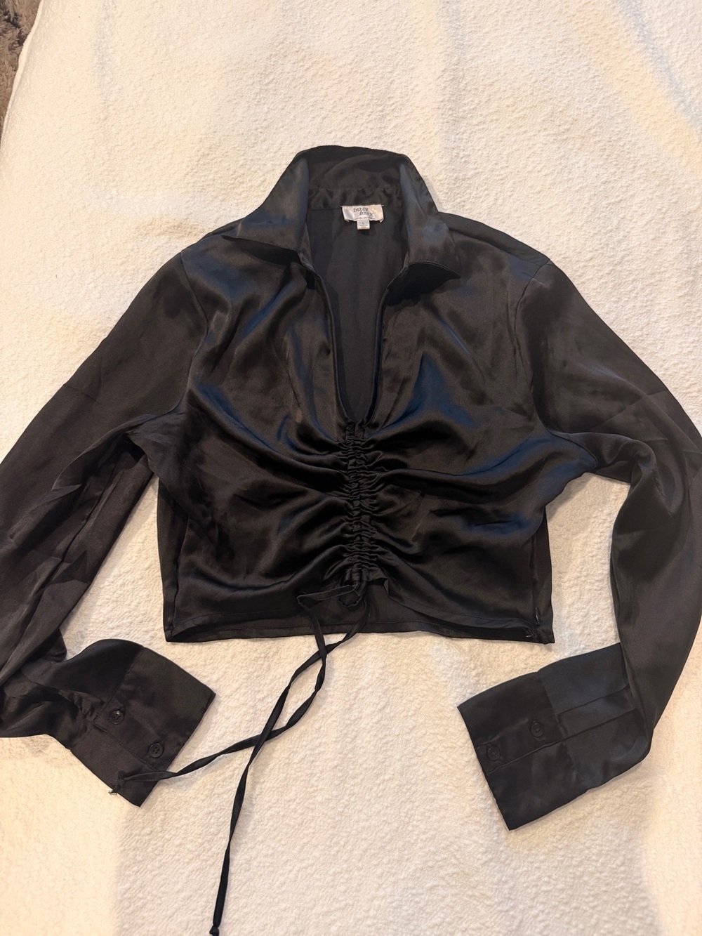 Black Satin Ruched Drawstring Crop Shirt